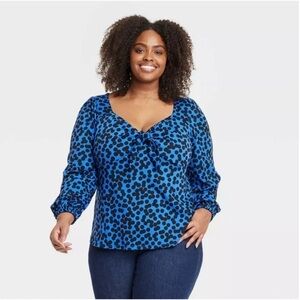 Ava & Viv 🆕 Royal Blue w/ Black Dot Blouse Balloon Sleeve Ruching Knot Front